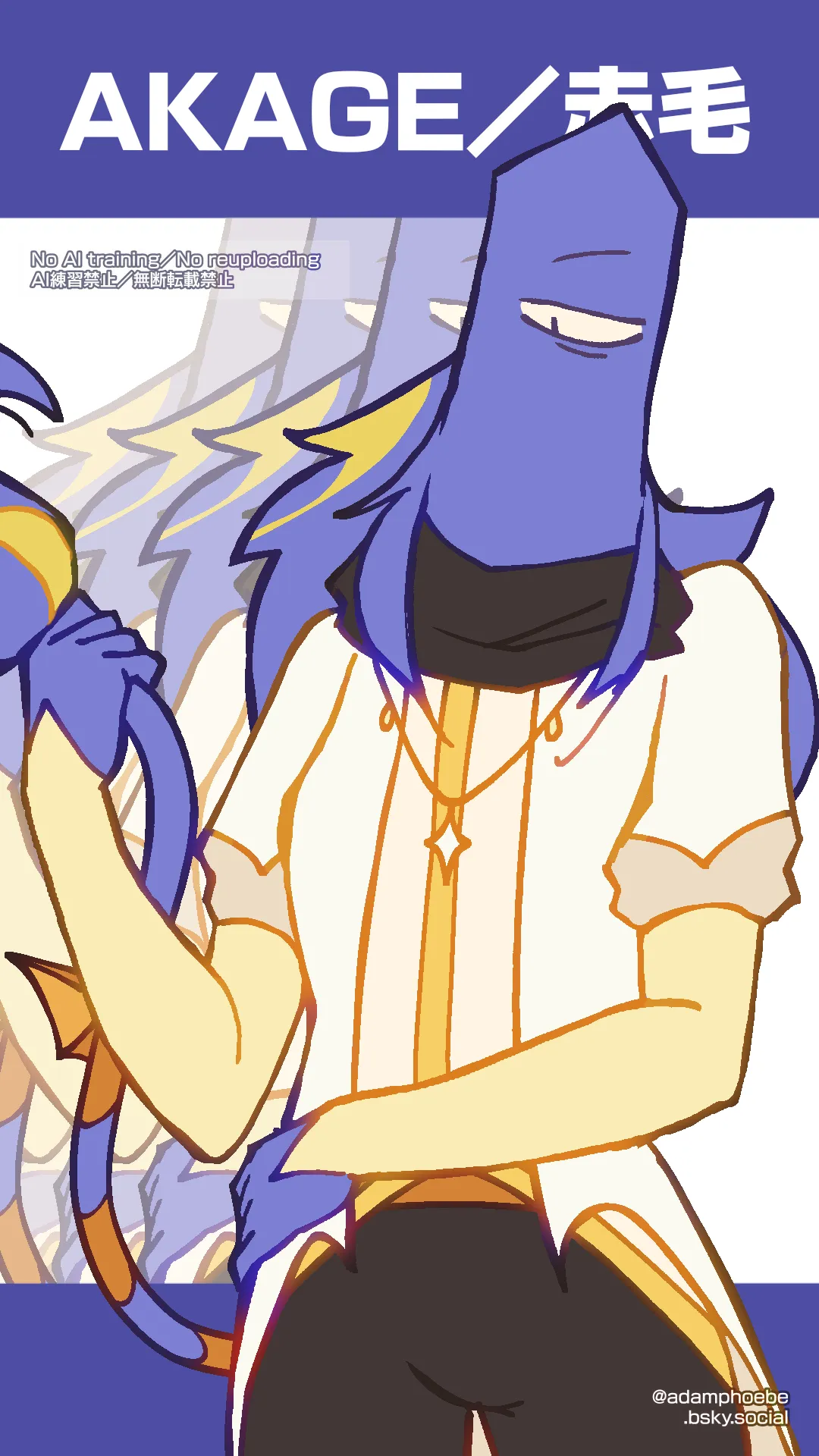 Kana, a furry one-eyed indigo-coloured creature, posing smugly with a star-inspired cream-colored outfit, with gold accents. His pants are black, and so is his scarf. He has streaks of gold in his indigo hair.