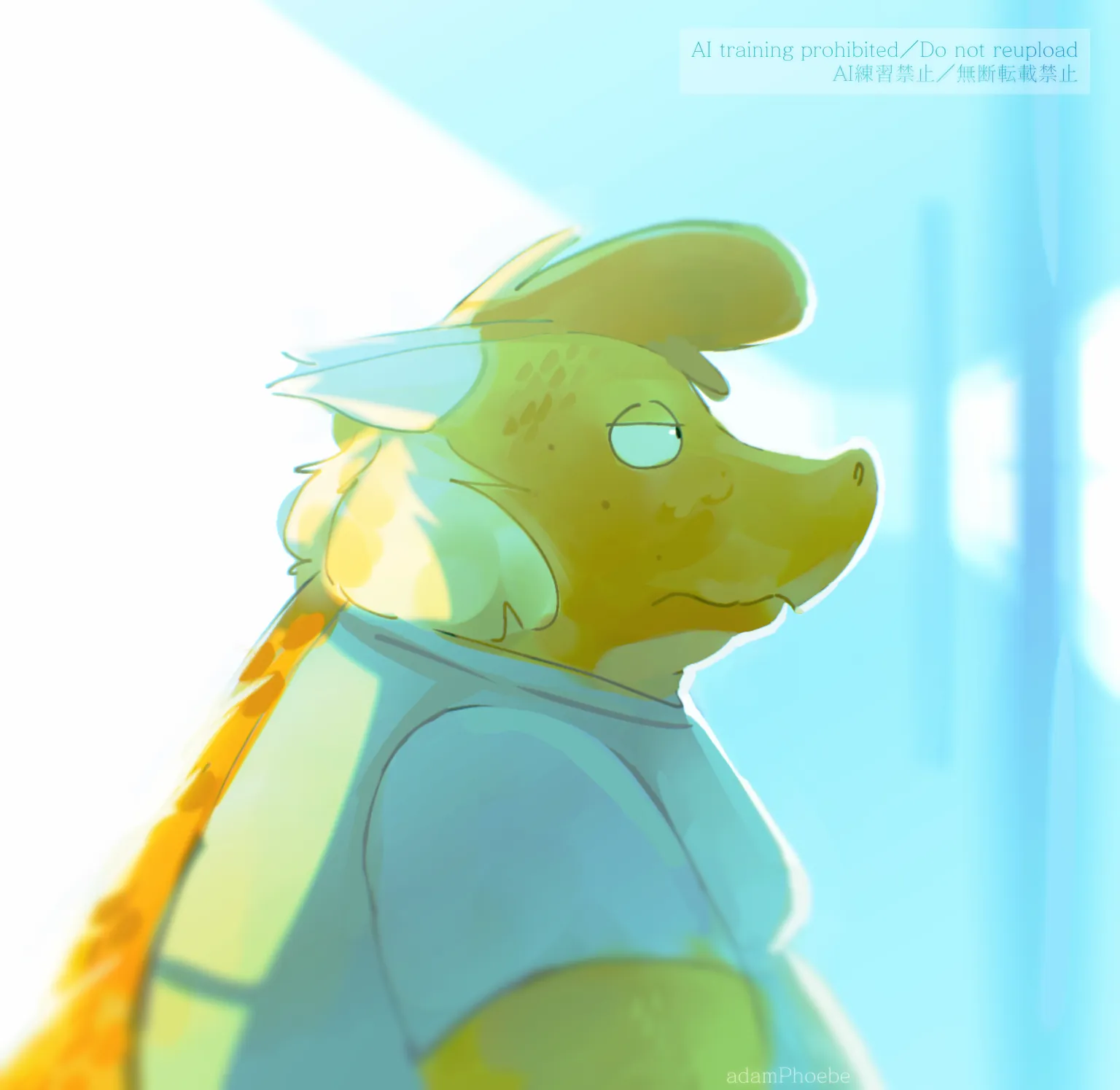 A portrait of my fursona, Kokomo (who's a big fat yellow-orange dragon) sitting bored on a train.