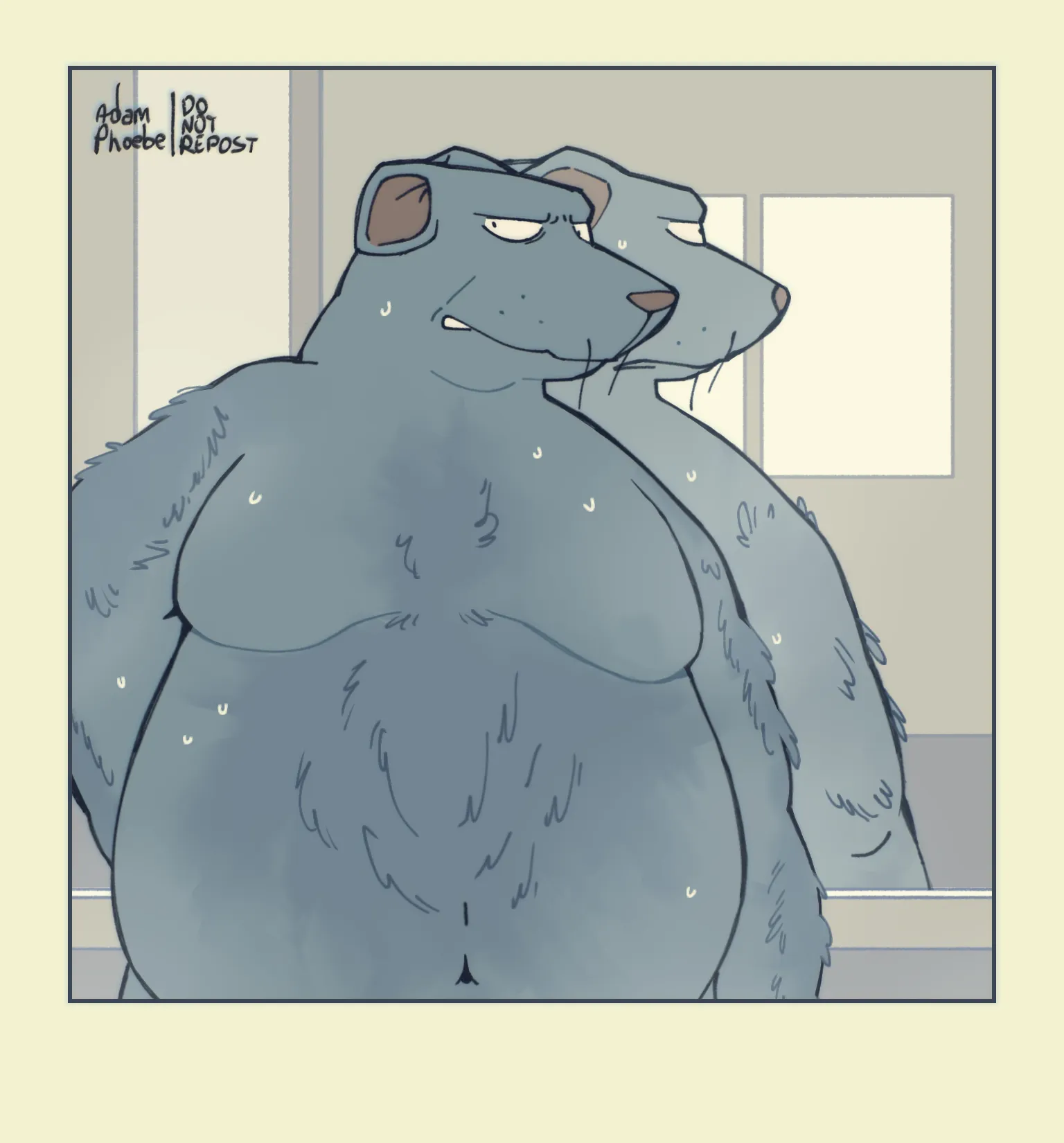 A piece of my fat anthropomorphic rat OC, Arthur González, standing awkwardly for a photo in a sauna while scratching his butt. He's naked and sweating. He's also looking at the camera.