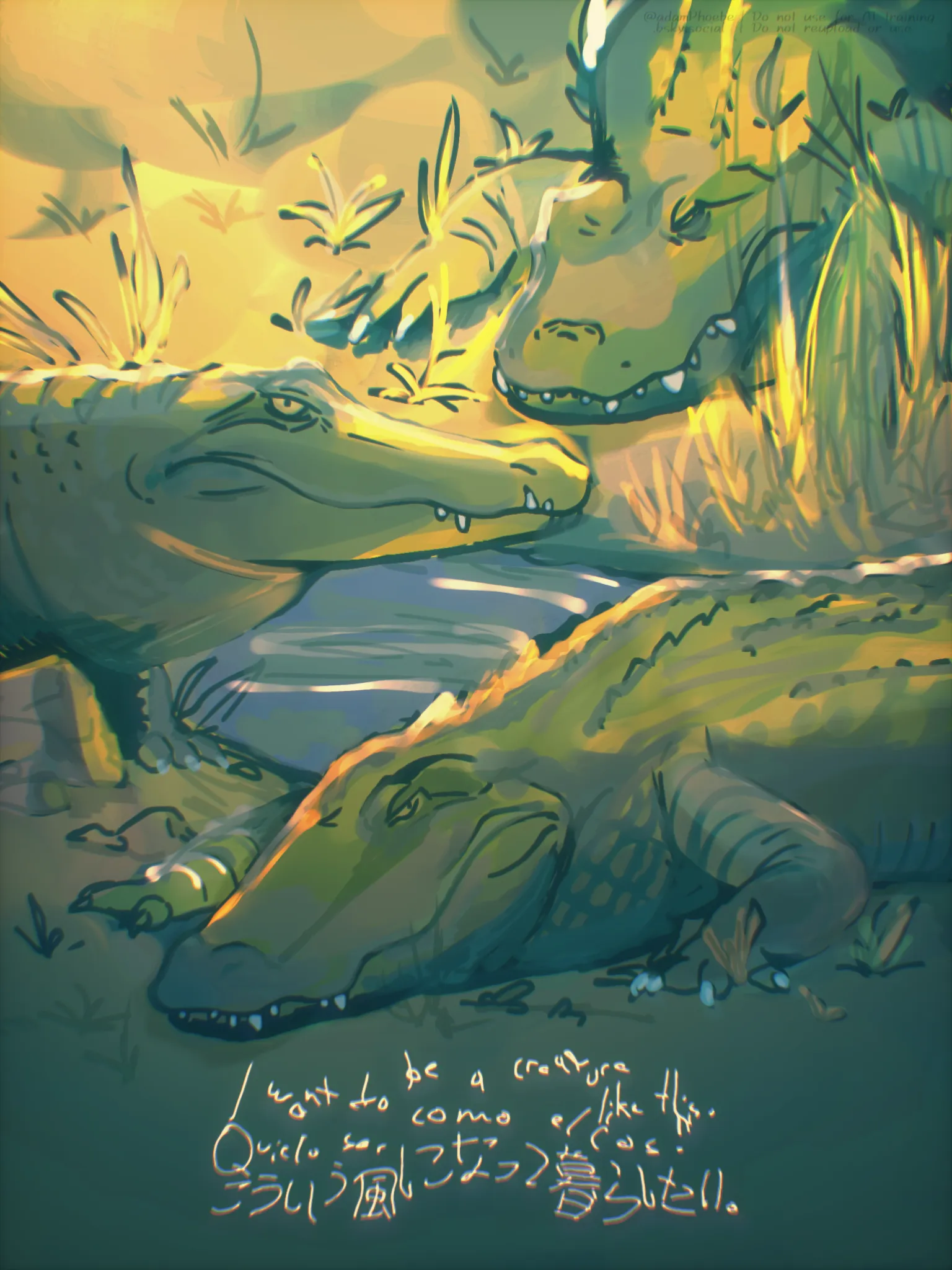 A painterly drawing of various crocodiles basking in the sun in a marsh, while distorted text, in 3 languages (English, Spanish, and Japanese) say something along the lines of 'I want to be a creature like this.'