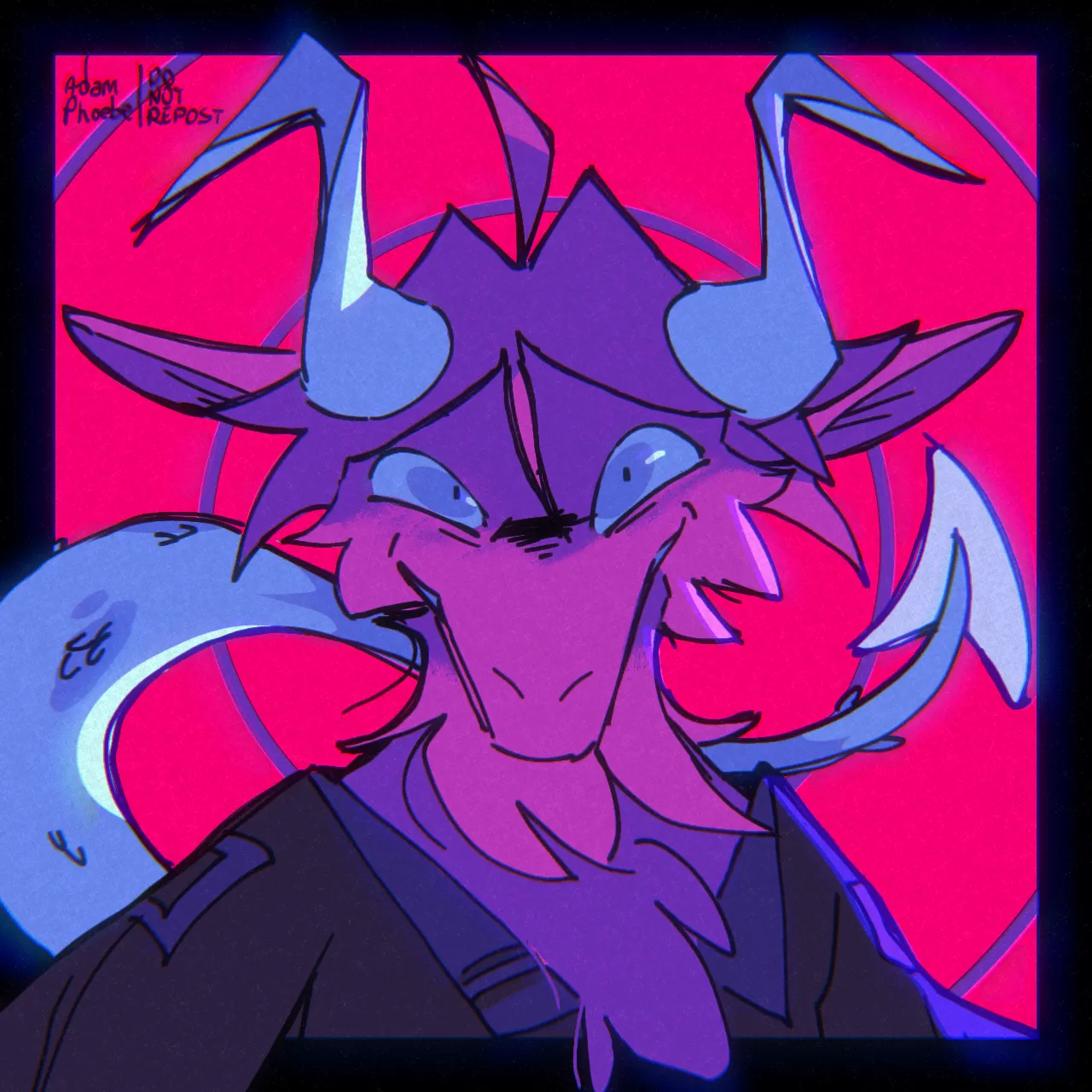 A magenta-colored demon (named Fetch) wearing a black dress shirt, with an intense blue-colored tail, eyes, and horns, looking directly at the viewer, in front of a hypnotic magenta and blue glowing background.