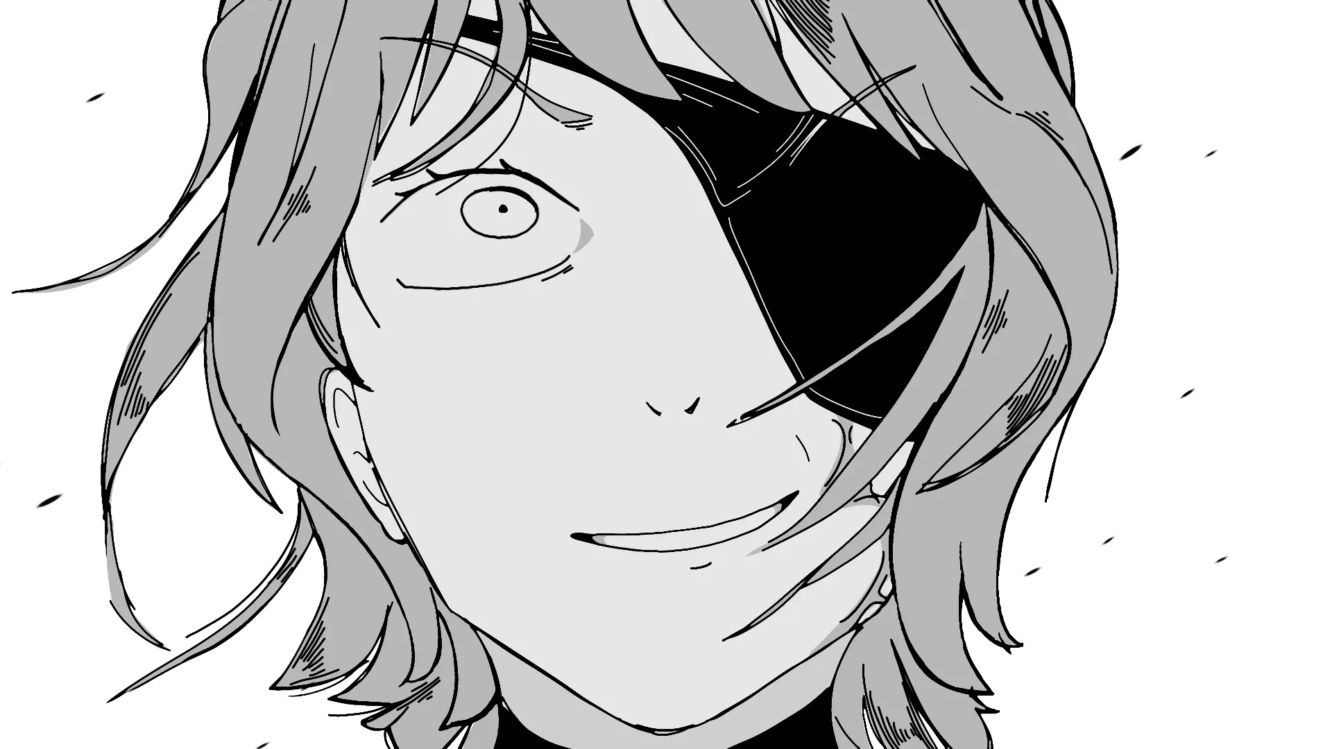 A monochrome drawing of Nobara Kugisaki from Jujutsu Kaisen, smiling in the wind, with her eyepatch.