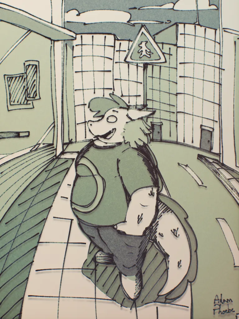 A drawing styled to look like it was on an old school LCD screen, of me happily looking through windows in the city and looking for things to buy. I'm represented as a fat dragon with casual clothing.