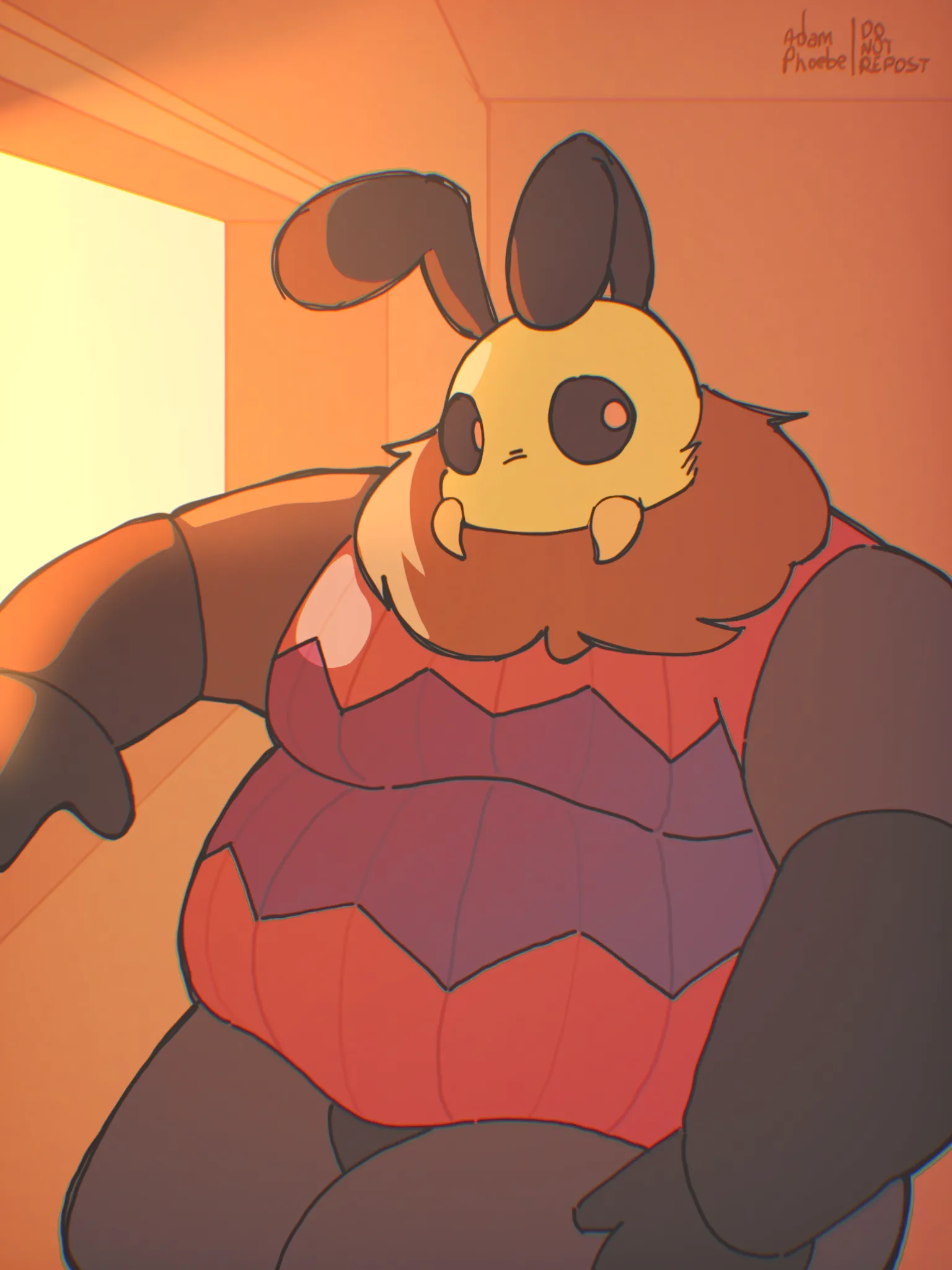 A drawing of Zomith, an anthropomorphic fat bee wearing a red and blue sweater. He's sitting near a window watching the sunset.