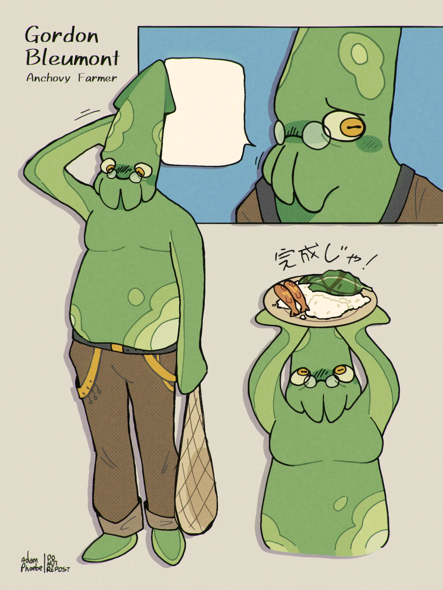 A character sheet of a chubby anthropomorphic green squid. He wears glasses, and often doesn't wear a shirt. He has brown jeans and is seen holding a fishing net while scratching the back of his head.