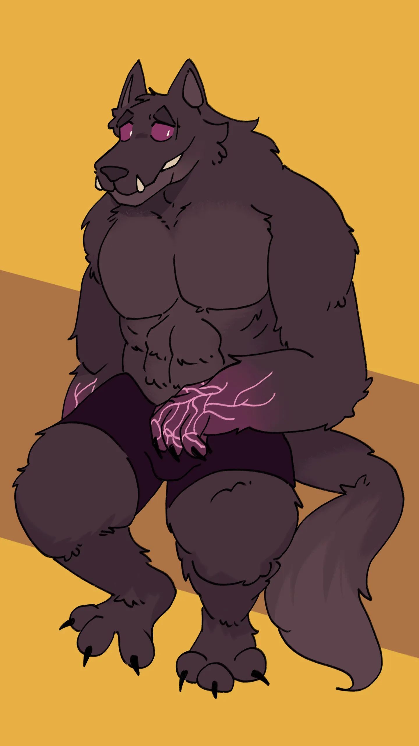 A dark purplish-brown muscular furry werewolf wearing dark purple shorts. Their veins near their hands glow magenta. He's sitting, looking awkwardly to the side..