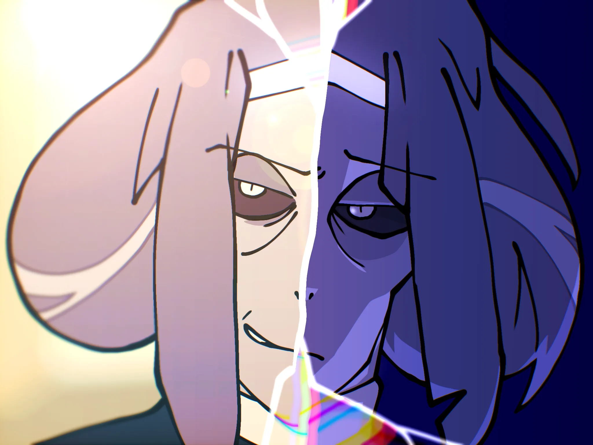 An alien (Dr. Xaveria) being with a sharp jawline with formations resembling long haired tucked behind a bob. There's a divide in the piece through the middle, akin to broken glass. The first glass shows the alien slightly smiling on bright lighting. The other side shows the alien with a troubled expression on different, darker, purple lighting.