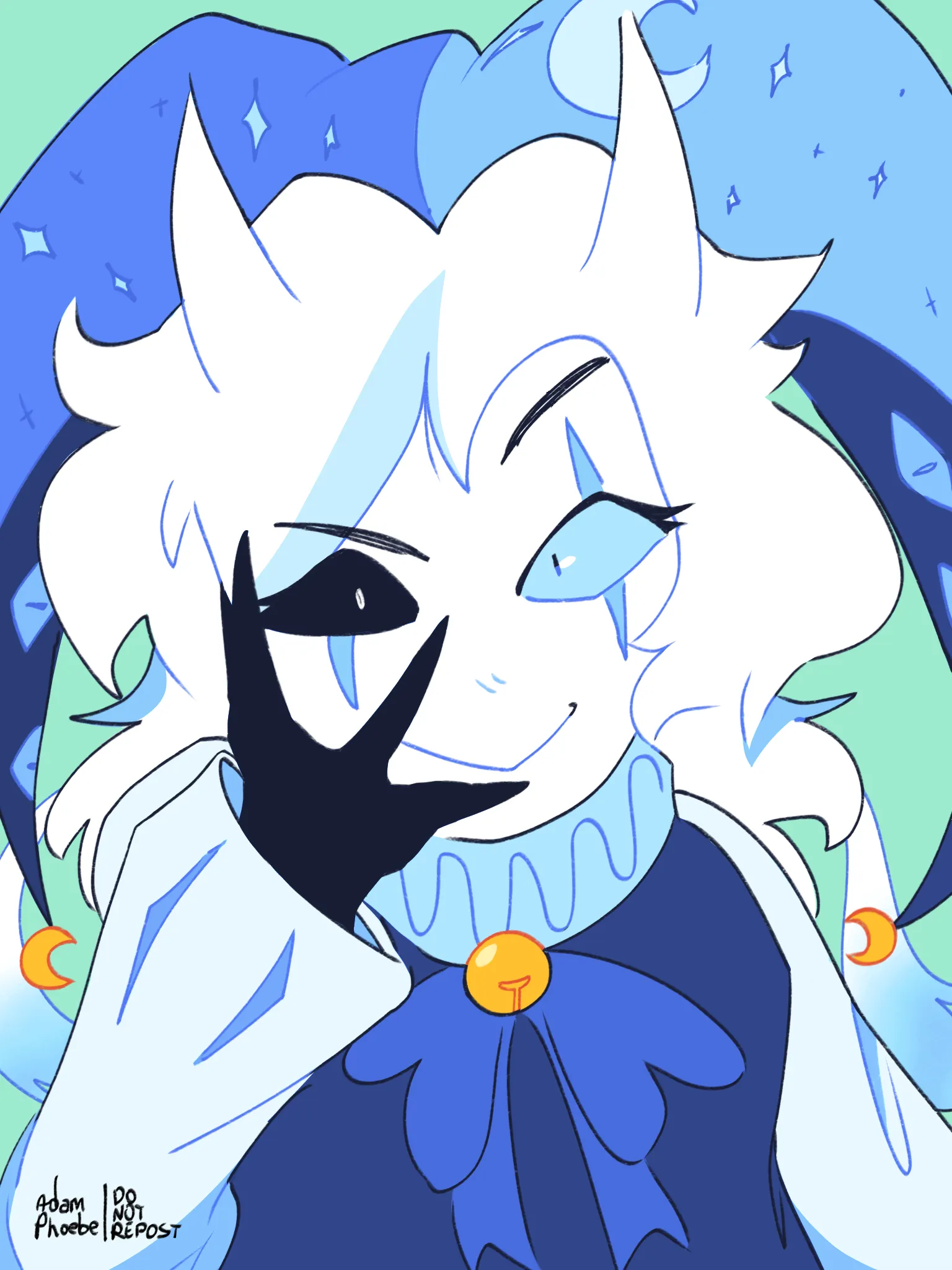 A white jester with clown makeup and matching blue clown attire, wearing a jester hat with a night sky pattern. The only other color accents are gold ornaments on his clothing. He covers half of his face with a black, pointy-fingered hand and has white horns. He has an eye with a black sclera and the other with a blue one.