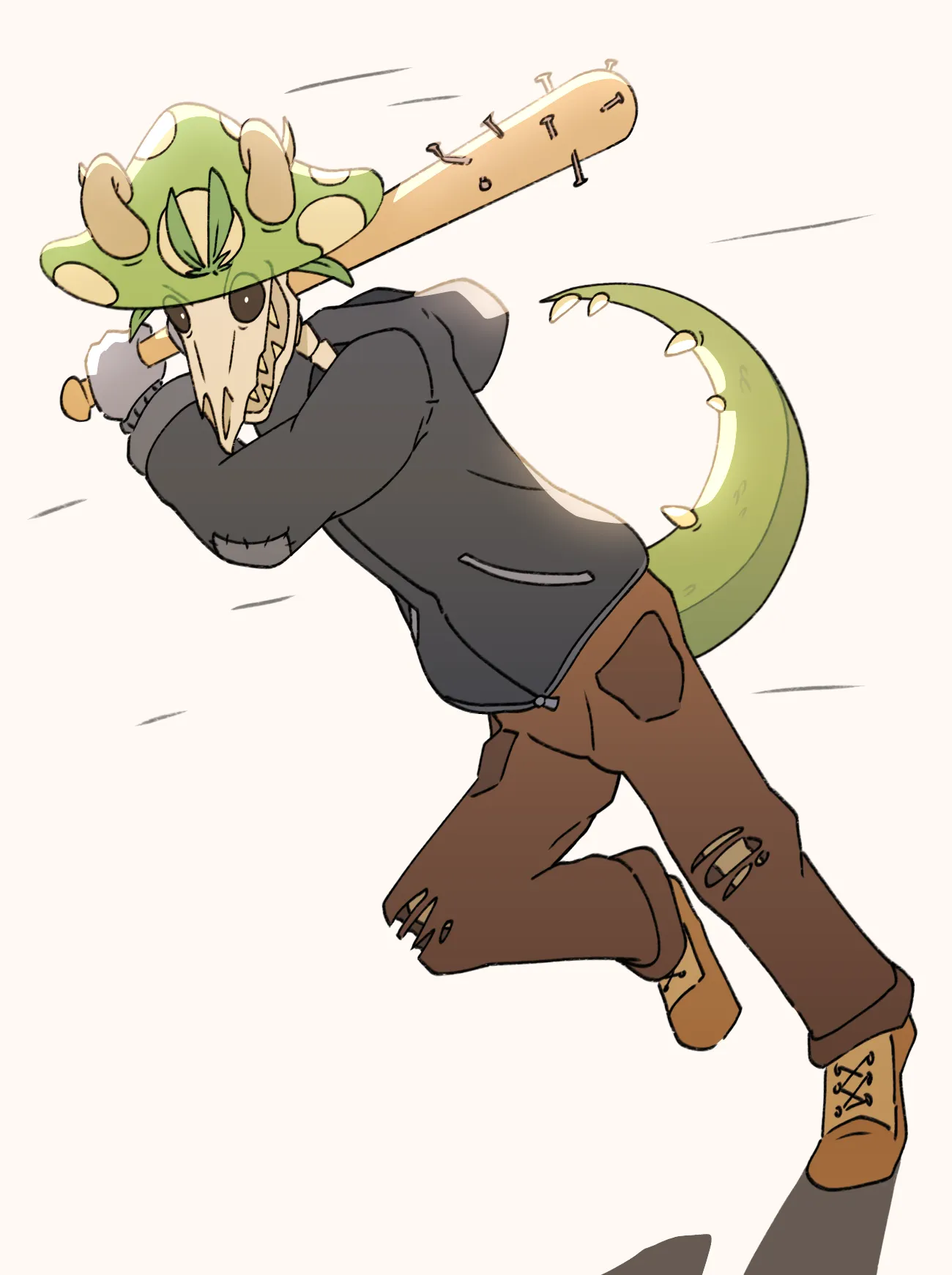 An anthropomorphic skeleton with a bovine skull head, with horns, a green dinosaur tail, and a green mushroom cap resembling somewhat the Vargskelethor Vinesauce logo. He's smiling maniacally while swinging a nailed bat. He's wearing grey gloves, a dark grey hoodie, torn brown pants, and ochre orange shoes.