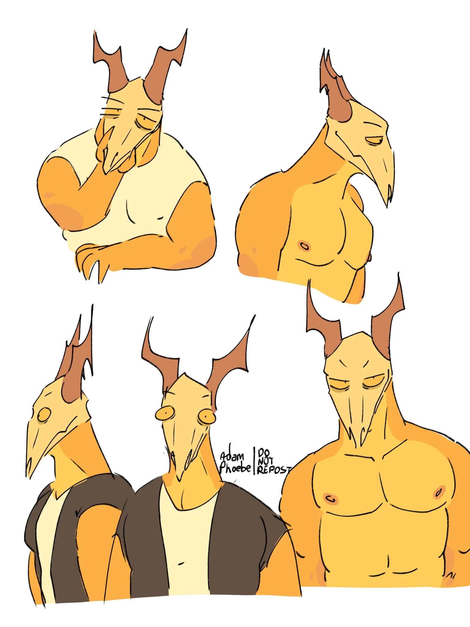 A sketch page of a yellow anthropomorphic demon with a bovine skull as a head. He has yellow eyes and brown horns. He's very muscular, and has a lot of body mass. In left-to-right, up-to-down order, he's: looking at the camera with bedroom eyes while only wearing a tank top, on a side profile smirking while completely naked, on an opposite side profile  and also on a front profile looking confused (while wearing the same tanktop, but this time with a dark overshirt), and lastly, another drawing of him looking at the camera seductively, with his body on display.
