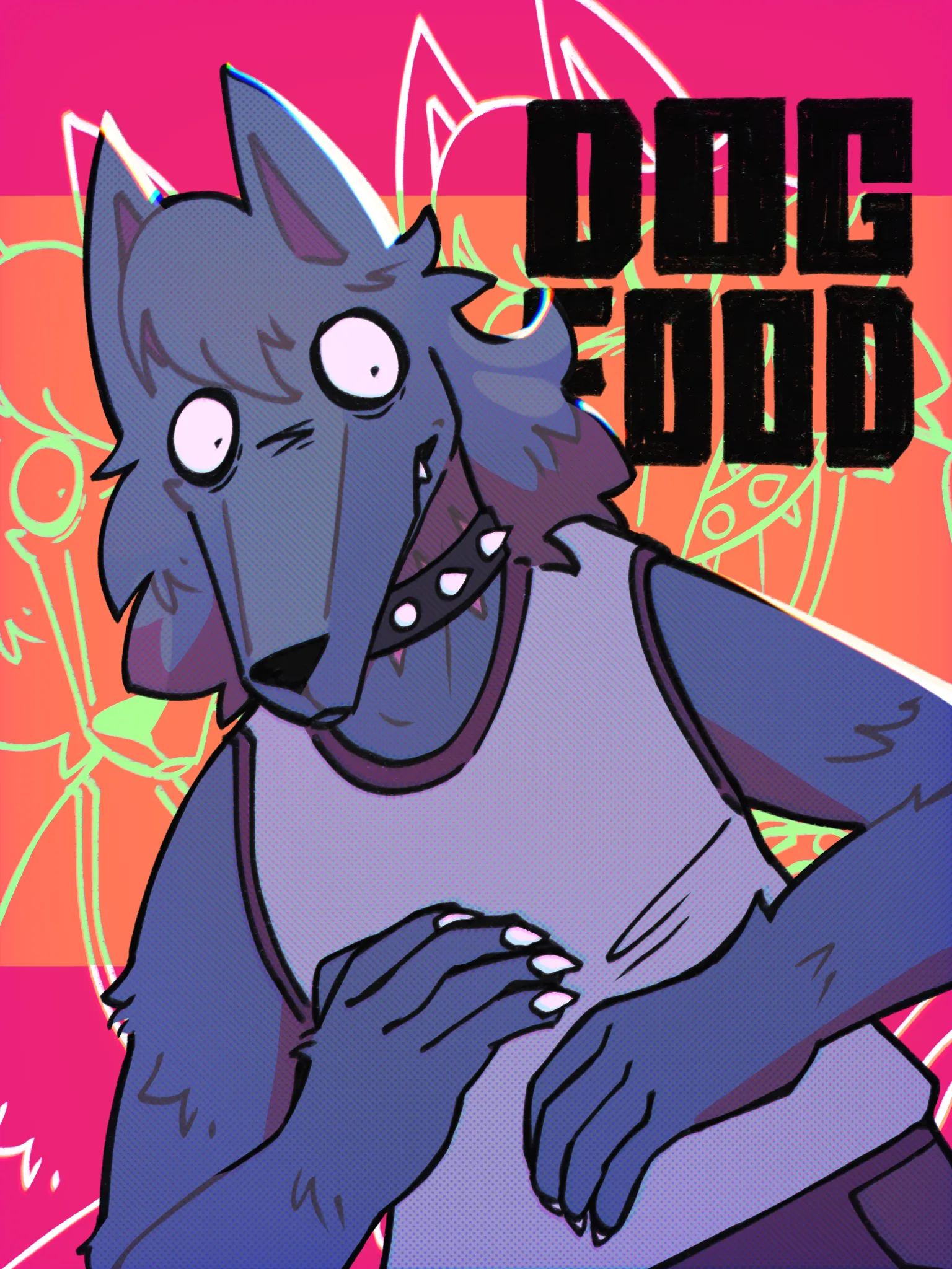 A werewolf looking anxiously at the camera while wearing a white tanktop with red-ish seams. She has eyebags and overgrown hair. She also has a spiked collar around her neck, barely covering scratching scars.